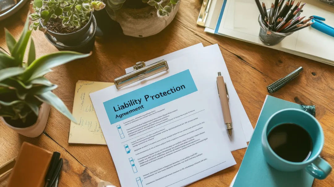 This image showcases a liability protection agreement document on a workspace desk, surrounded by plants and stationery, creating a productive atmosphere for business planning.